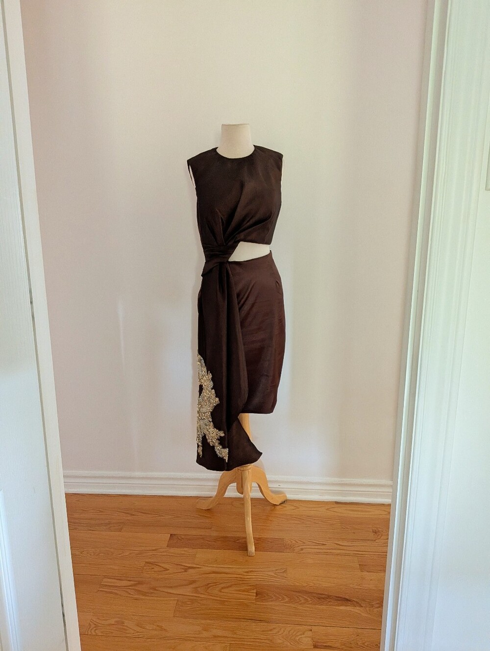 Chocolate Brown Draped Cutout Dress with Gold Embellishment